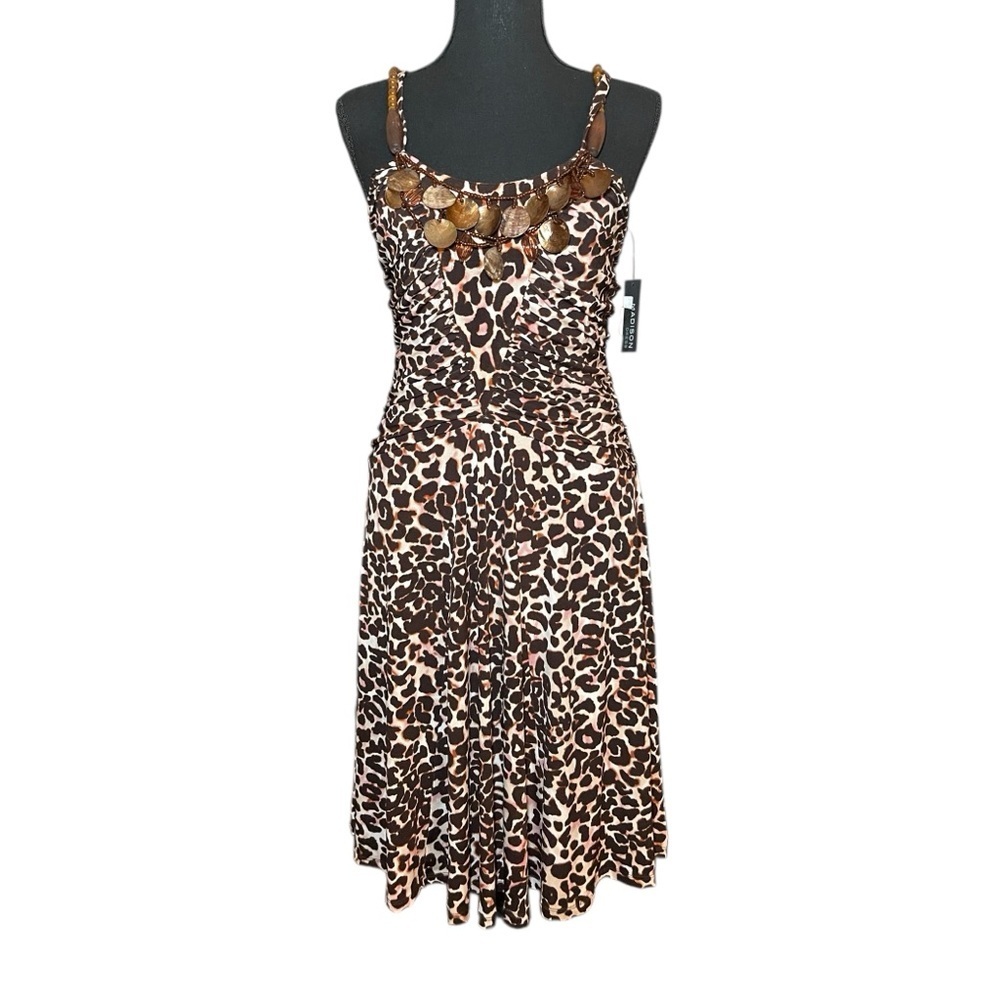 Madison Leopard Print Midi Dress Size 8 NWT | Ruched Bodice, Beaded Neckline, - Picture 7 of 8
